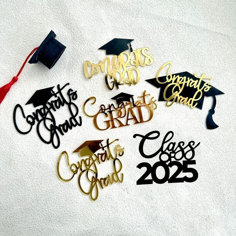 Congrats Grad 2025 Cake Topper, Glitter Graduation Party Decorations for High School College Graduates, Black and Gold