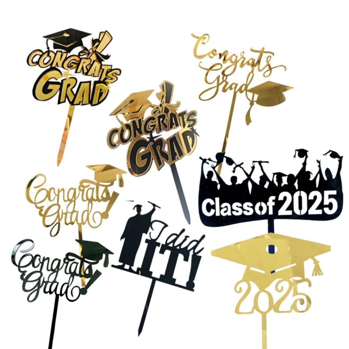 2025 Graduation Cake Topper Black Gold Acrylic Cake Topper Congrats Grad You Did It Congratulations 5 Design Table Centerpiece Sticks Grad Party Food Appetizer Picks for Cake Decor Supplies