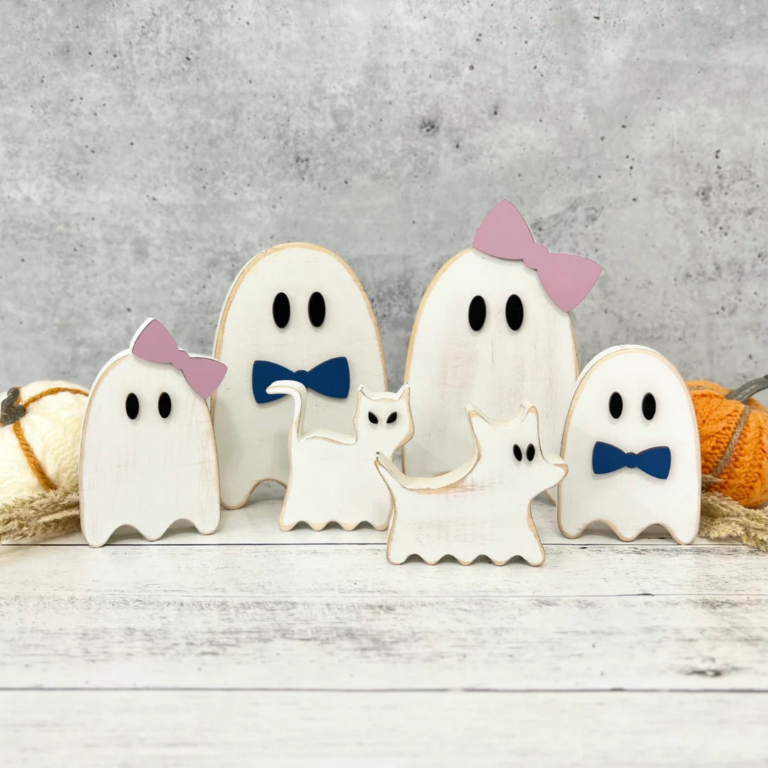 Wooden Ghost Standalone Tabletop Decor - Halloween Creative Home Decoration, Spooky Festival Display Piece"