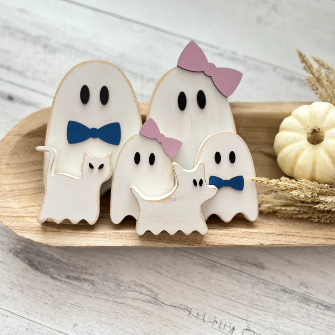 Wooden Ghost Standalone Tabletop Decor - Halloween Creative Home Decoration, Spooky Festival Display Piece"