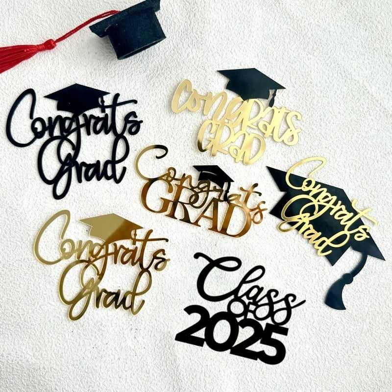 Congrats Grad 2025 Cake Topper, Glitter Graduation Party Decorations for High School College Graduates, Black and Gold