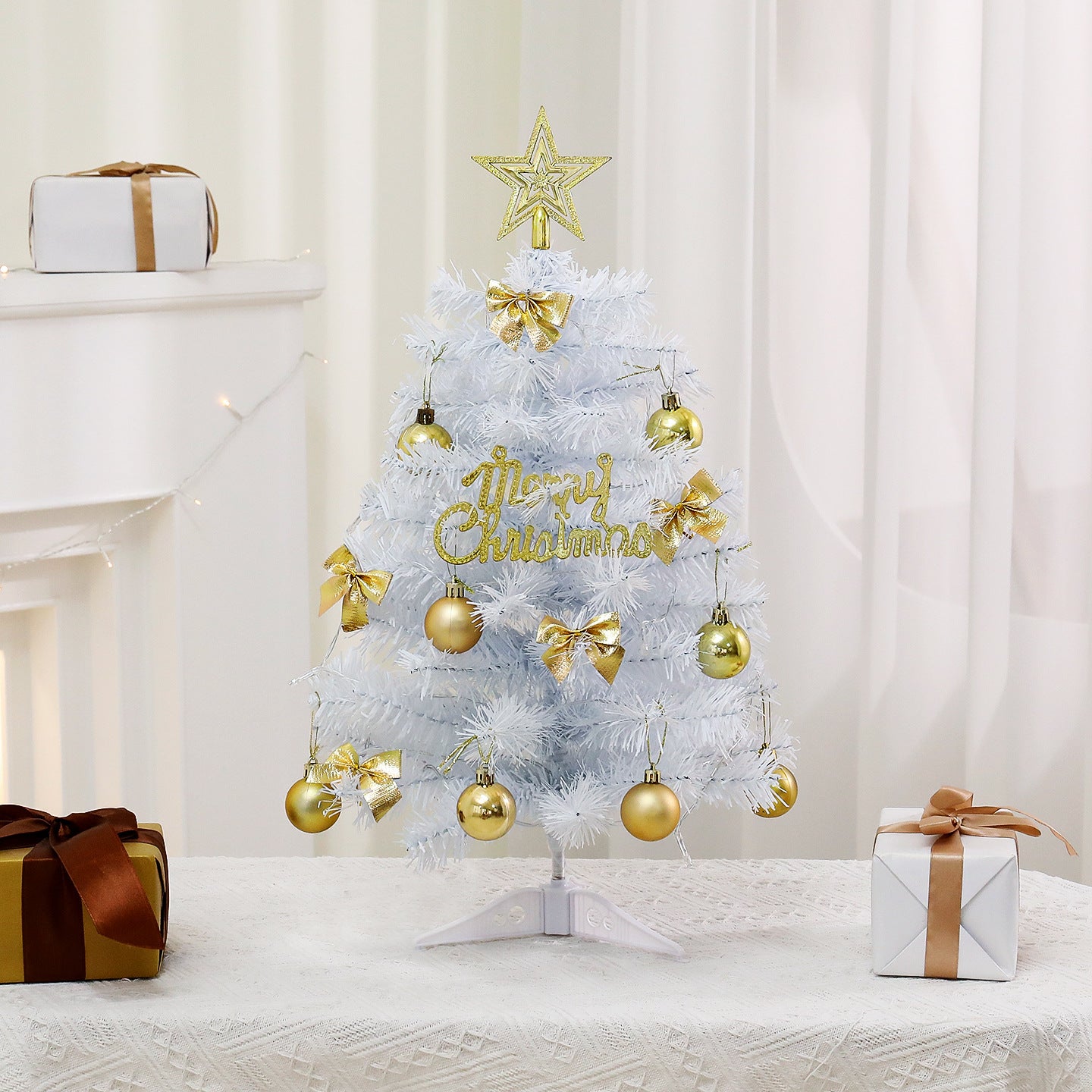 Mini White Christmas Tree with Gold Beads | 45cm/60cm Light-Up Tabletop Decor | Xmas Festive Ornament for Home Desktop