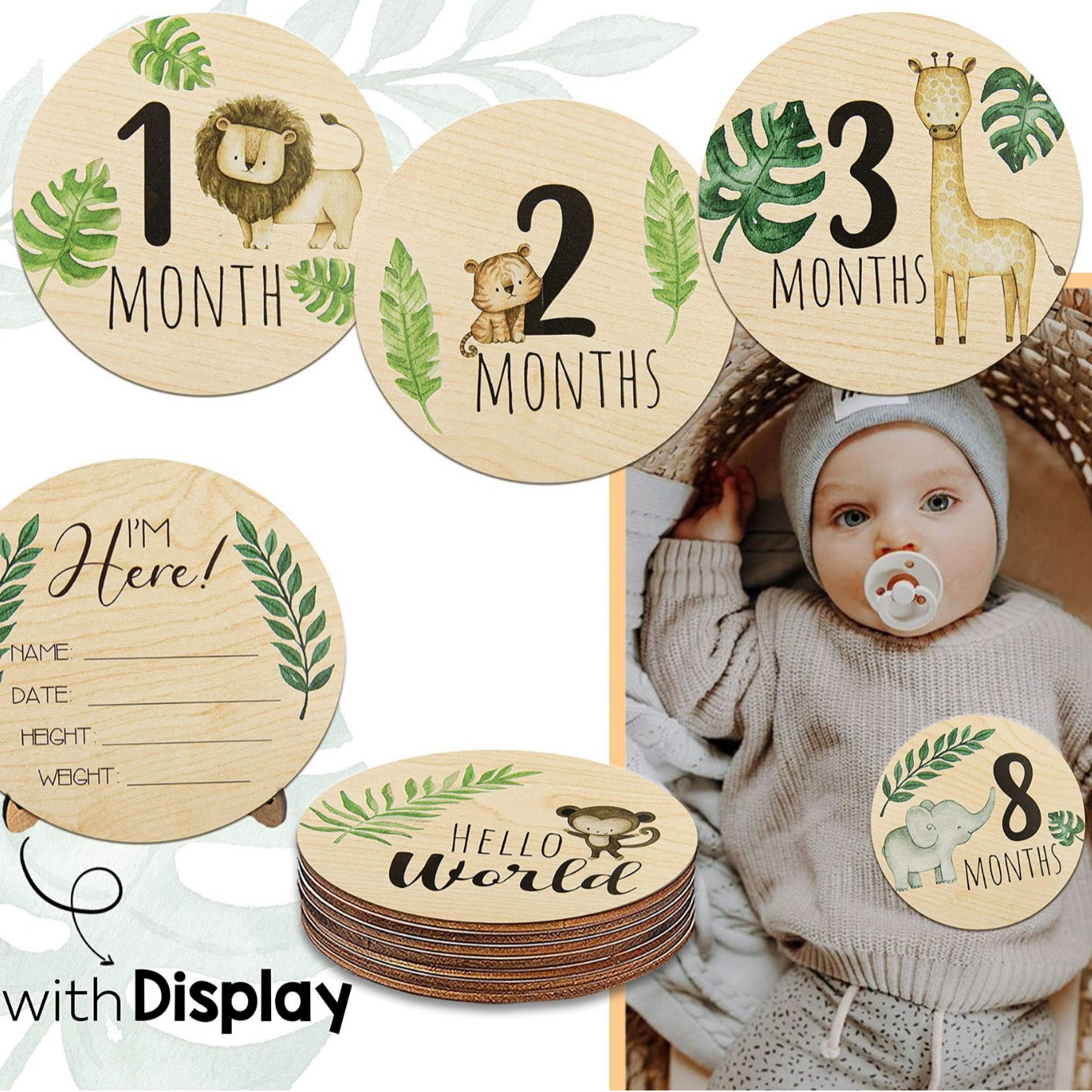 Baby Milestone Discs Set - Wooden Photo Props with Reversible Cursive Script, Gender Neutral Newborn Gift for Monthly Announcements, 1st Birthday, Boy & Girl