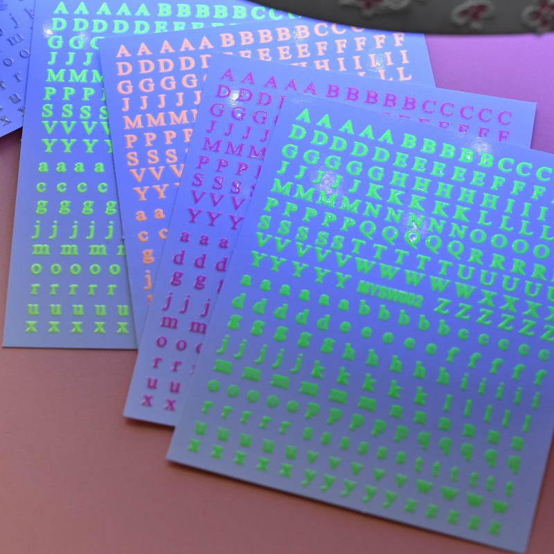 12 sheet 12-Color Fluorescent Nail Letter Stickers Set - Complete A-Z Alphabet (Upper & Lower Case) for School Nail Art Classes & Office Creativity