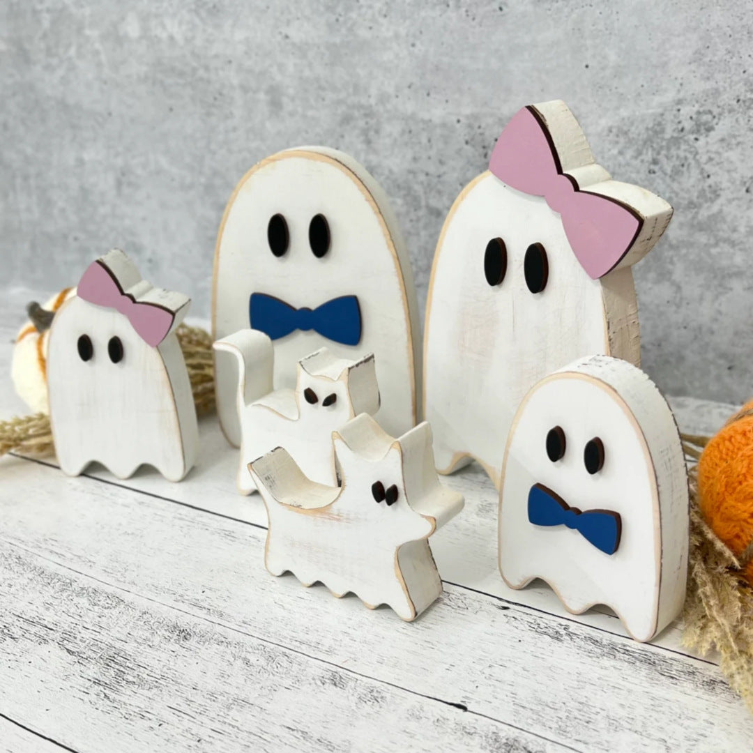 Wooden Ghost Standalone Tabletop Decor - Halloween Creative Home Decoration, Spooky Festival Display Piece"
