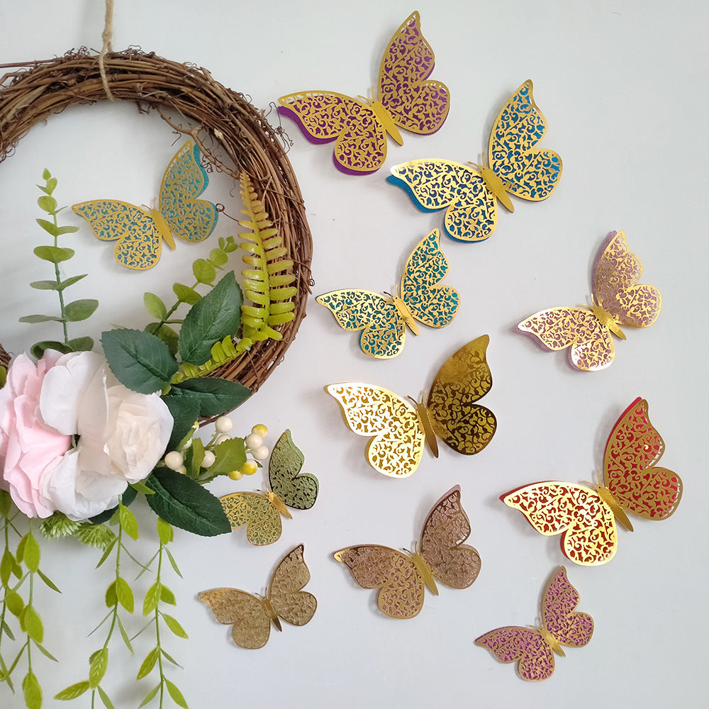Double-Layer Rainbow 3D Butterfly Wall Decals - Hollow-Out Design for Living Room & Bedroom Decor (Festive Home Celebration Stickers)