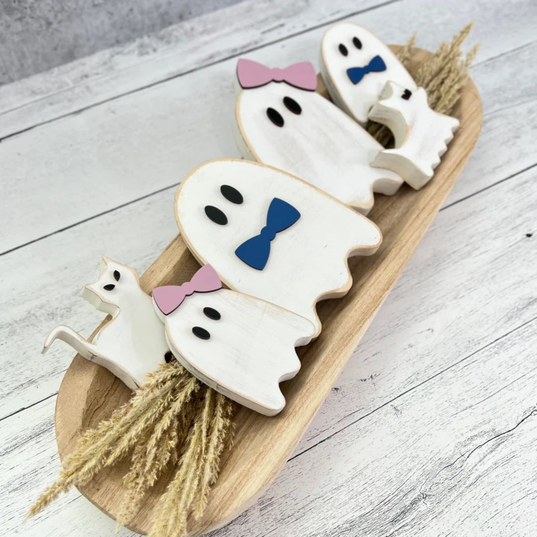 Wooden Ghost Standalone Tabletop Decor - Halloween Creative Home Decoration, Spooky Festival Display Piece"