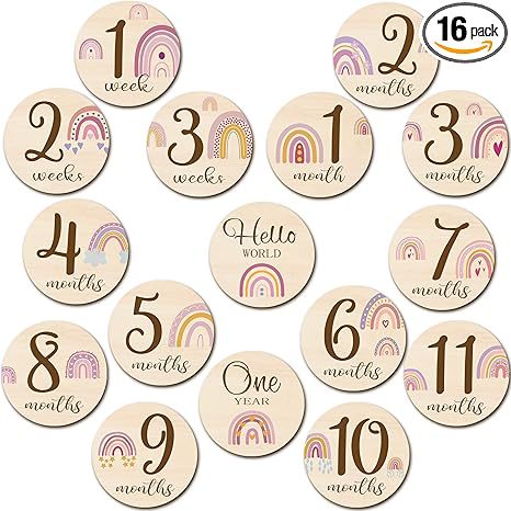 Baby Milestone Discs Set - Wooden Photo Props with Reversible Cursive Script, Gender Neutral Newborn Gift for Monthly Announcements, 1st Birthday, Boy & Girl