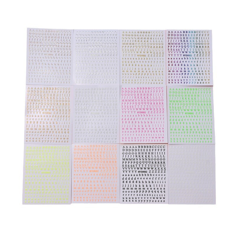 12 sheet 12-Color Fluorescent Nail Letter Stickers Set - Complete A-Z Alphabet (Upper & Lower Case) for School Nail Art Classes & Office Creativity