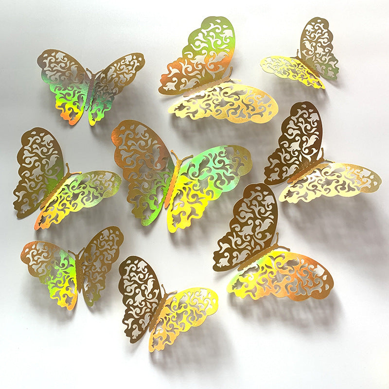 Gold 3D Hollow-Out Butterfly Wall Stickers - Elegant Metallic Decals for Weddings & Festivals (Luxury Background Wall Decor, Self-Adhesive Party Decoration)