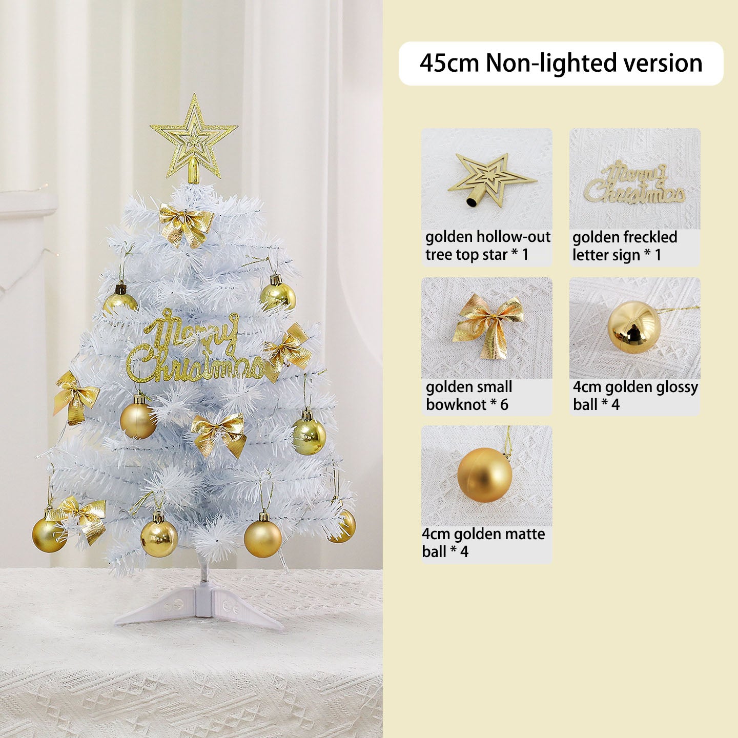 Mini White Christmas Tree with Gold Beads | 45cm/60cm Light-Up Tabletop Decor | Xmas Festive Ornament for Home Desktop