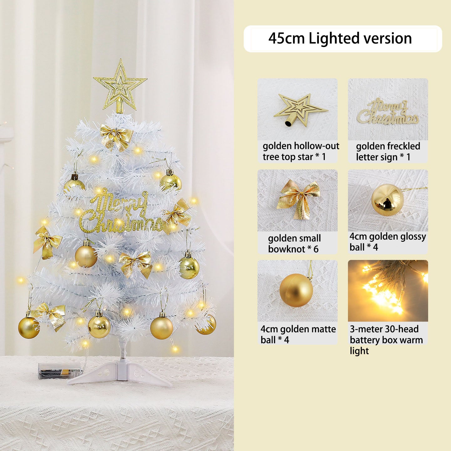 Mini White Christmas Tree with Gold Beads | 45cm/60cm Light-Up Tabletop Decor | Xmas Festive Ornament for Home Desktop