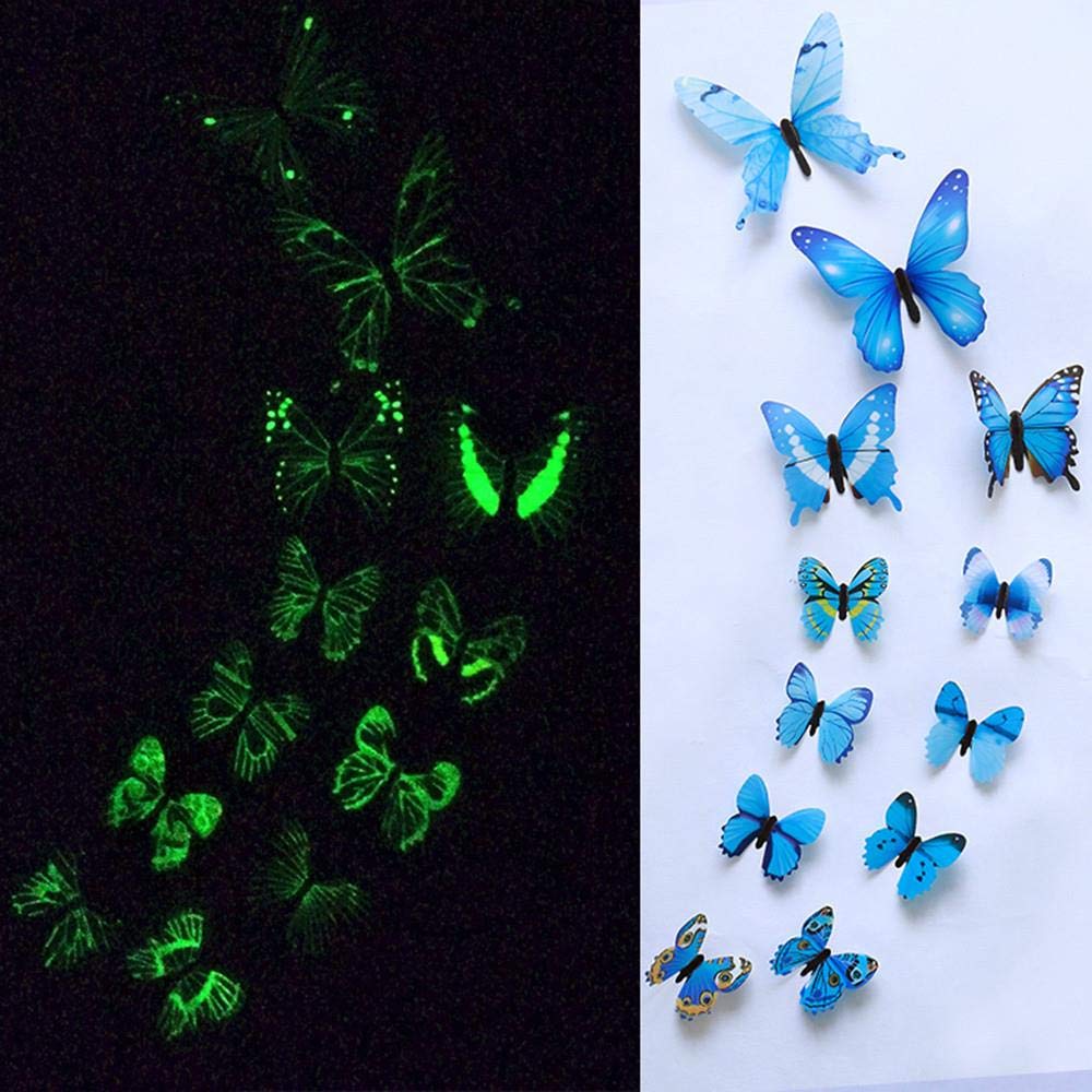 12pcs Glow in The Dark Butterfly Wall Stickers - Self-Adhesive Fluorescent Decals for Kids Room Decor, Nursery Wall Art (Night Light Decorations, Luminous Wall Decals)
