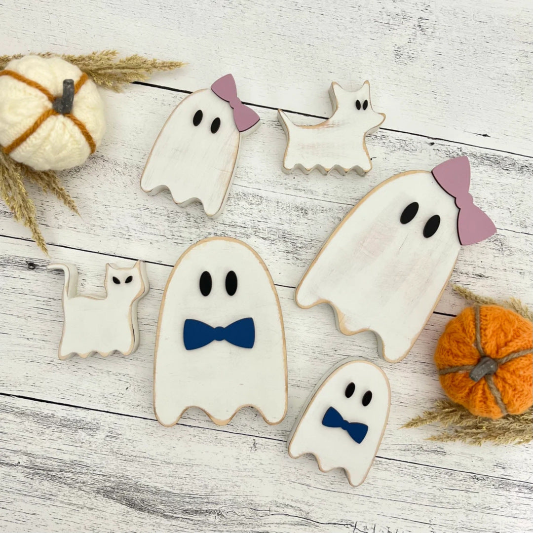 Wooden Ghost Standalone Tabletop Decor - Halloween Creative Home Decoration, Spooky Festival Display Piece"
