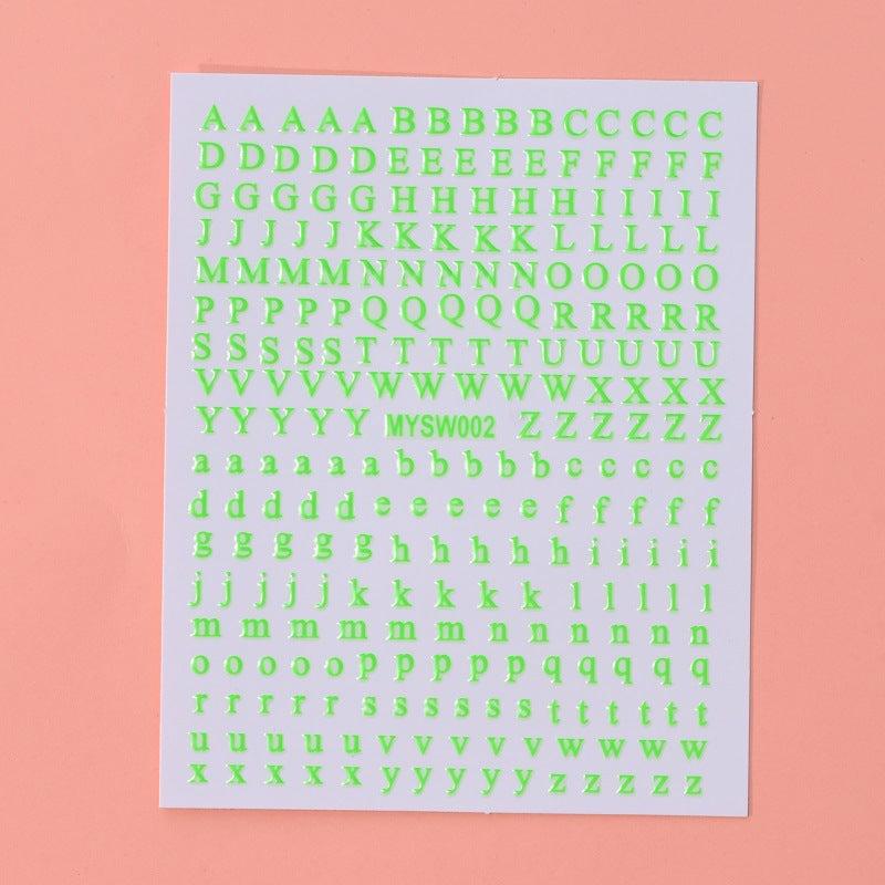 12 sheet 12-Color Fluorescent Nail Letter Stickers Set - Complete A-Z Alphabet (Upper & Lower Case) for School Nail Art Classes & Office Creativity