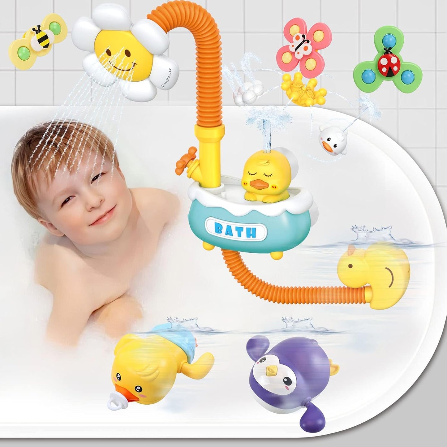 Baby Bath Toy with Shower Head and 2 Wind-Up Swimming Toys, 3 Little Bath Toys Sunflower Water Spray Squirt Shower Faucet and Bathtub Water Pump Summer Essentials for Toddlers Age 1-3