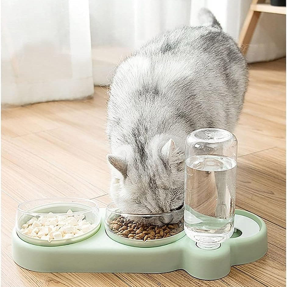 Pet Feeder Dogs Cats Food Double Bowls Automatic Watering Neck Guard Distributor (Color Blue)