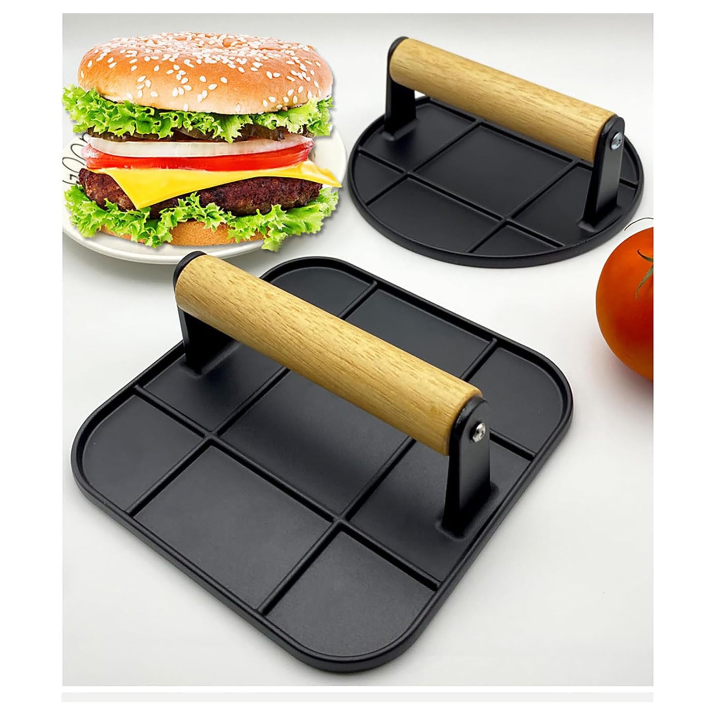 Burger Press, Round Square Burger Smasher for Griddle with Anti-Scald Handle, Non-Stick Smooth Stainless Steel Hamburger Press, Grill Press for Flat Top Grill Cooking, Gift Package, Round,Silver
