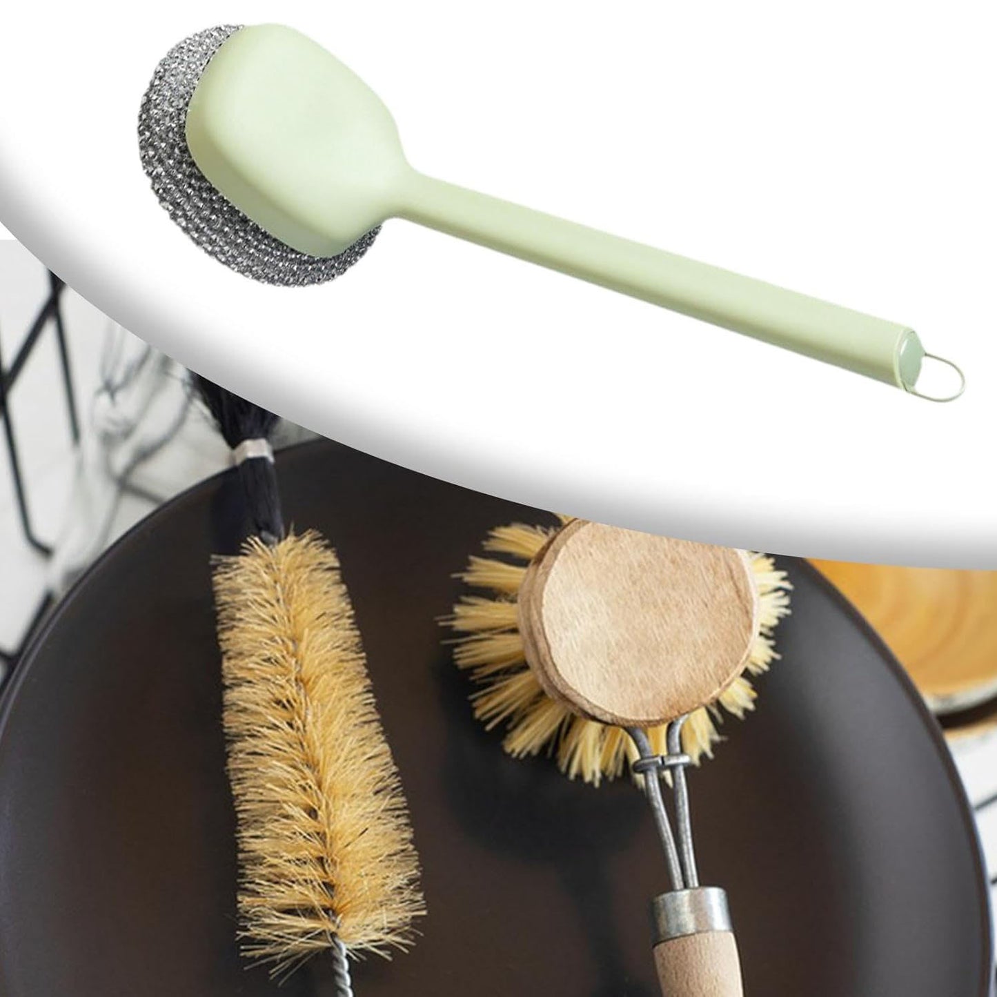 Dish Brush Dish Scrubber Multifuction Household Dishwashing Brush with Handle for Sink Pots Counter Utensils Countertop, green