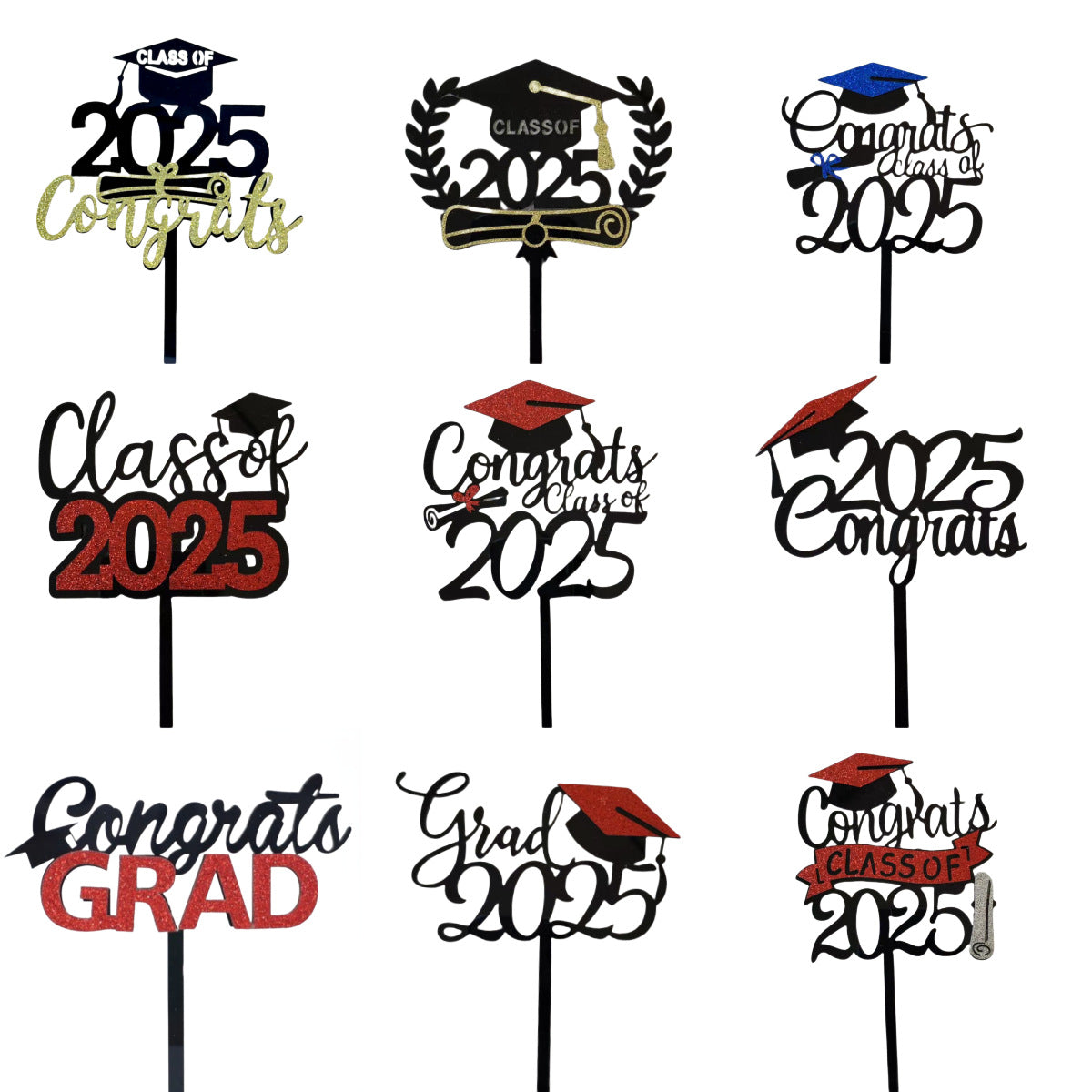 2025 Graduation Cupcake Toppers Black Cake Picks Graduation Table Centerpieces Class of 2025 Cake Decorations Grad Party Favor Supplies