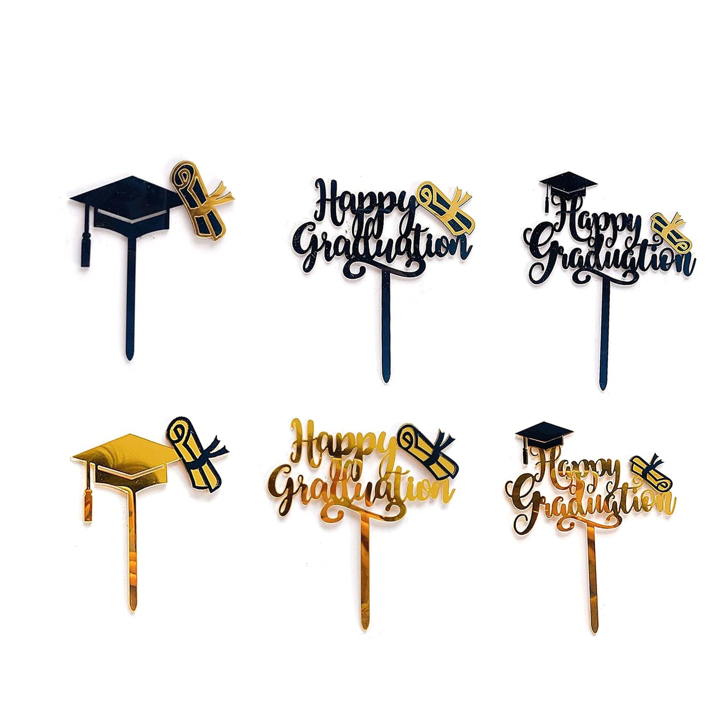 6 Pcs Graduation Cake Toppers Acrylic Cake Topper for 2025 High School Table Centerpiece Sticks Party Cake Decorations Supplies