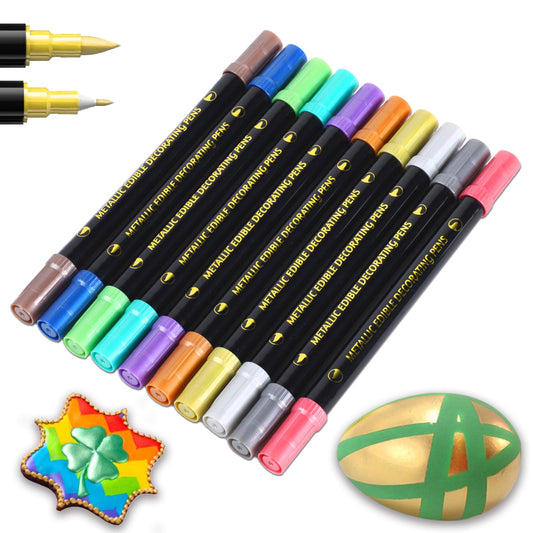 10Pcs Edible Metallic Markers - Food Grade Gold & Silver Shimmering Pens for Cake, Cookie, Cupcake & Fondant Decorating - Baking Supplies with Vibrant Sparkle