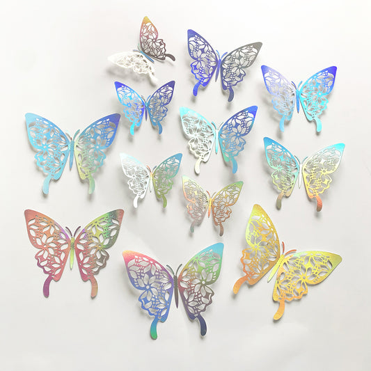12-Pack Iridescent Silver 3D Cut-Out Butterfly Wall Decals - Artistic Home Decor for Parties & Feature Walls