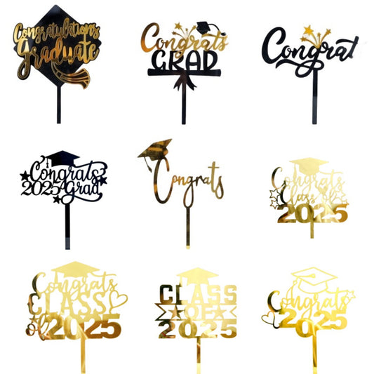 Graduation Cake Toppers Black Gold Acrylic GRAD 2025 Design Table Centerpiece Sticks for Party Cake Decorations Supplies