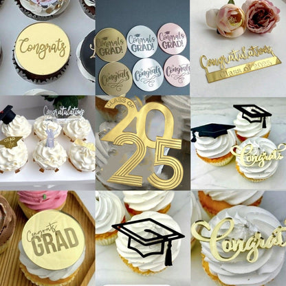 2025 Graduation Cupcake Toppers Acrylic Mirror Engraved Congratulations Graduation Cake Cupcake Decorations Graduation Ceremony Supplies