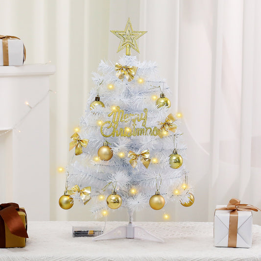 Mini White Christmas Tree with Gold Beads | 45cm/60cm Light-Up Tabletop Decor | Xmas Festive Ornament for Home Desktop