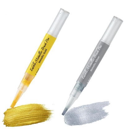 Edible Metallic Paint Pens (Gold & Silver) - Food Safe Brush Tip Markers for Cake Decorating, Cookie Painting & Fondant Art | Non-Toxic DIY Baking Supplies for Icing, Frosting & Easter Eggs