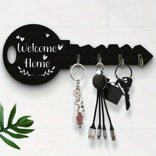 1pc Creative Minimalist Wall-Mounted Key-Shaped Decorative Hook, Novelty Wooden Panel With Small Iron Hooks Design, Key/Hanging Decor/Necklace Storage Holder