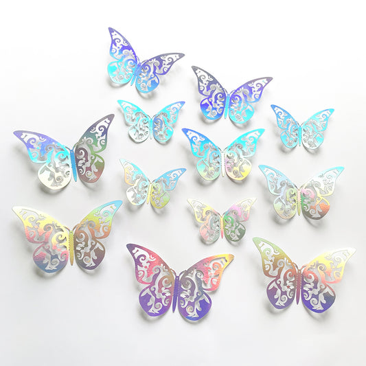 12-Pack Iridescent Silver 3D Cut-Out Butterfly Wall Decals - Artistic Home Decor for Parties & Feature Walls
