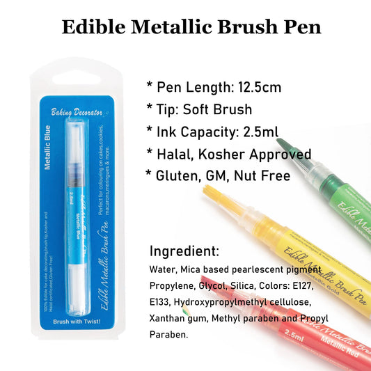 Edible Metallic Glitter Pen - Shimmering Blue Food Coloring Marker with Brush Tip for Cake, Cookie & Fondant Decorating | Food Safe Paint for Baking, Icing, Easter Eggs & DIY Crafts