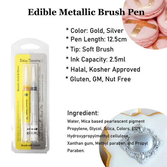 Edible Metallic Paint Pens (Gold & Silver) - Food Safe Brush Tip Markers for Cake Decorating, Cookie Painting & Fondant Art | Non-Toxic DIY Baking Supplies for Icing, Frosting & Easter Eggs