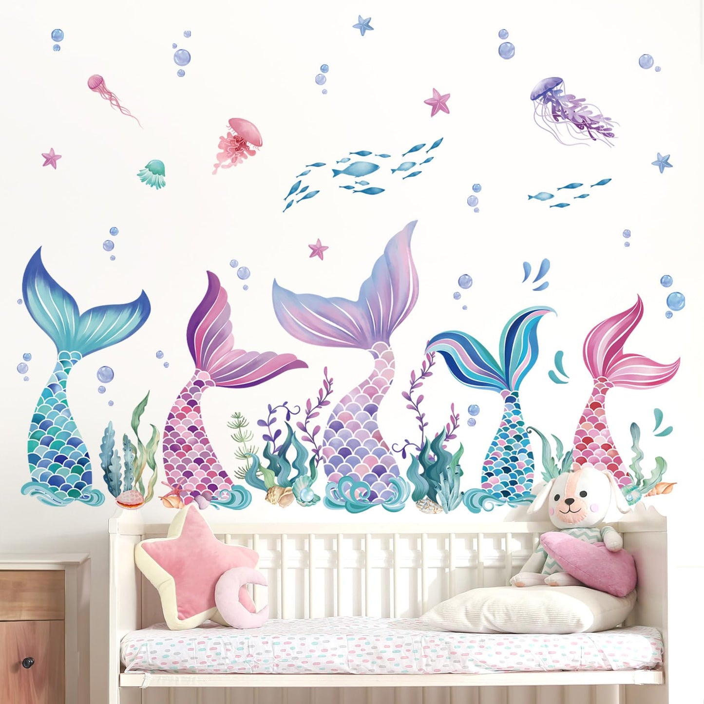 Mermaid Tail Wall Stickers Under The Sea Mermaid Bubble Seaweed Peel and Stick Wall Art Decals for Baby Nursery Girls Bedroom Bathroom