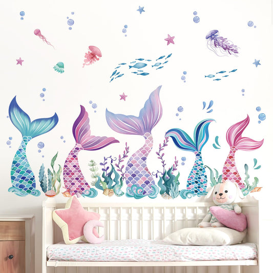 Mermaid Tail Wall Stickers Under The Sea Mermaid Bubble Seaweed Peel and Stick Wall Art Decals for Baby Nursery Girls Bedroom Bathroom