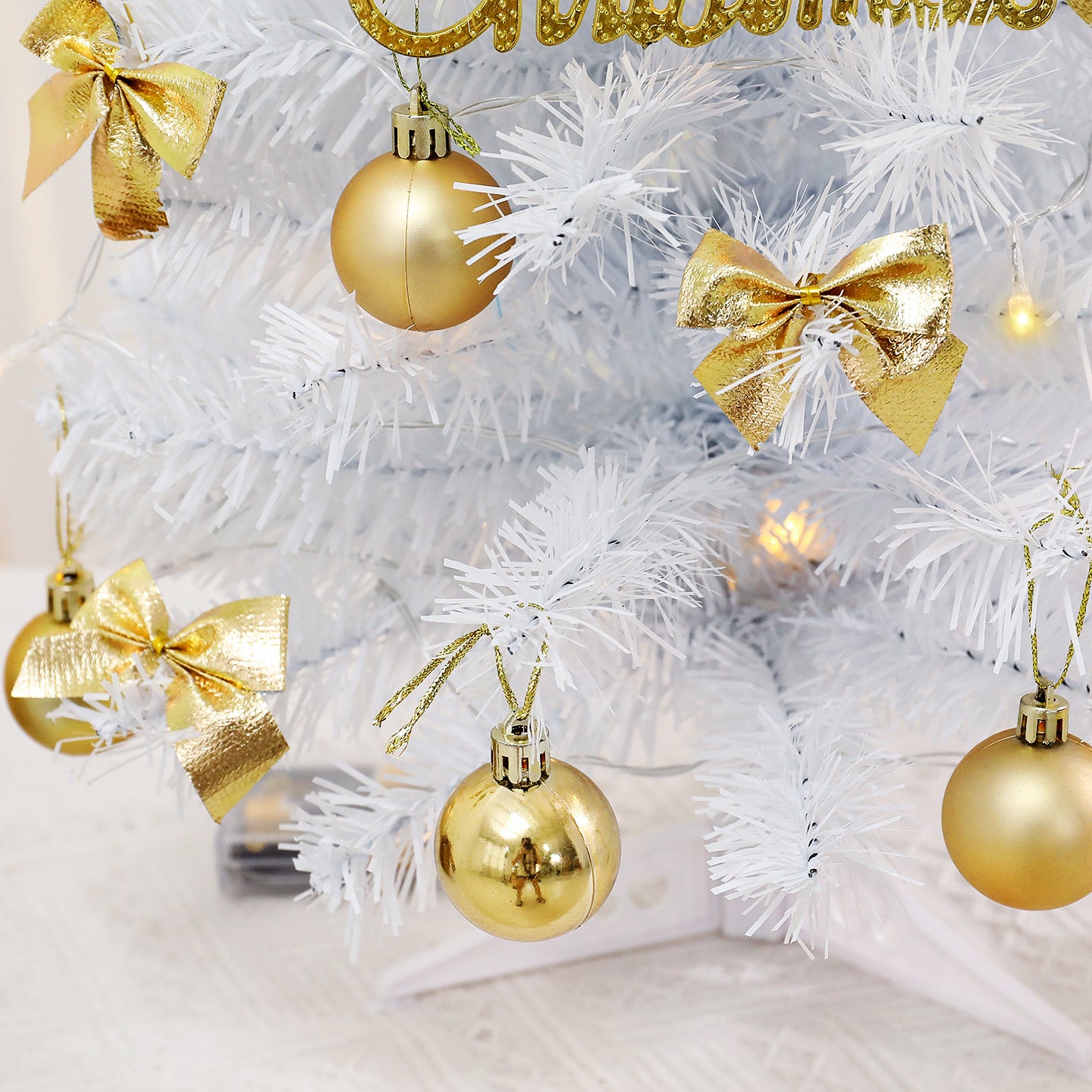 Mini White Christmas Tree with Gold Beads | 45cm/60cm Light-Up Tabletop Decor | Xmas Festive Ornament for Home Desktop