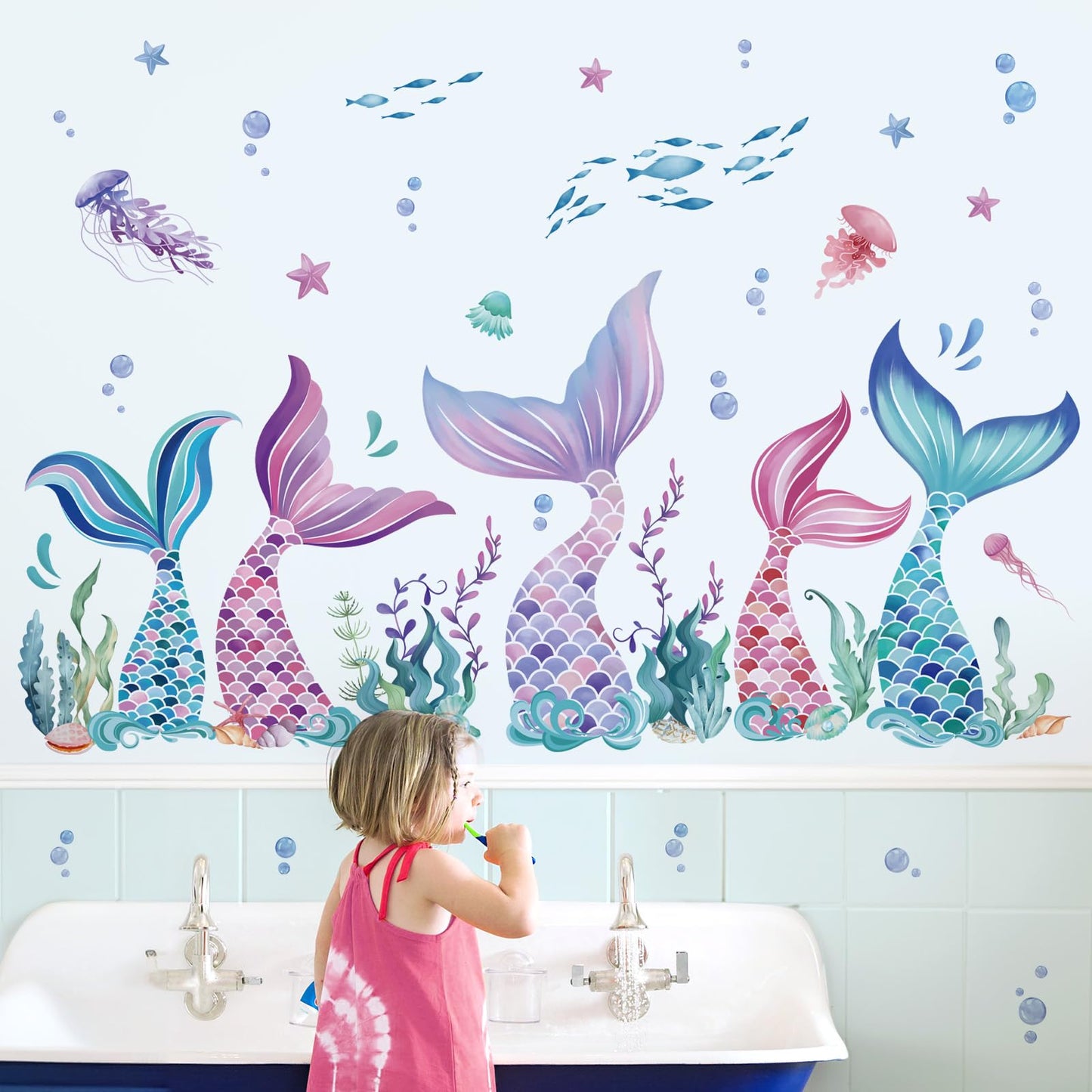 Mermaid Tail Wall Stickers Under The Sea Mermaid Bubble Seaweed Peel and Stick Wall Art Decals for Baby Nursery Girls Bedroom Bathroom