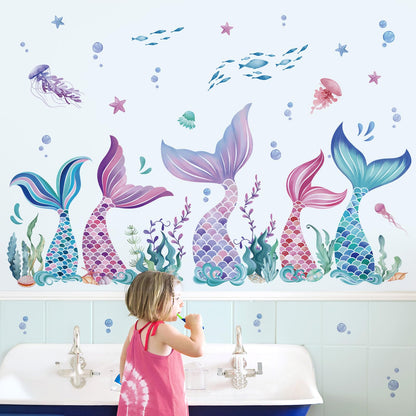 Mermaid Tail Wall Stickers Under The Sea Mermaid Bubble Seaweed Peel and Stick Wall Art Decals for Baby Nursery Girls Bedroom Bathroom