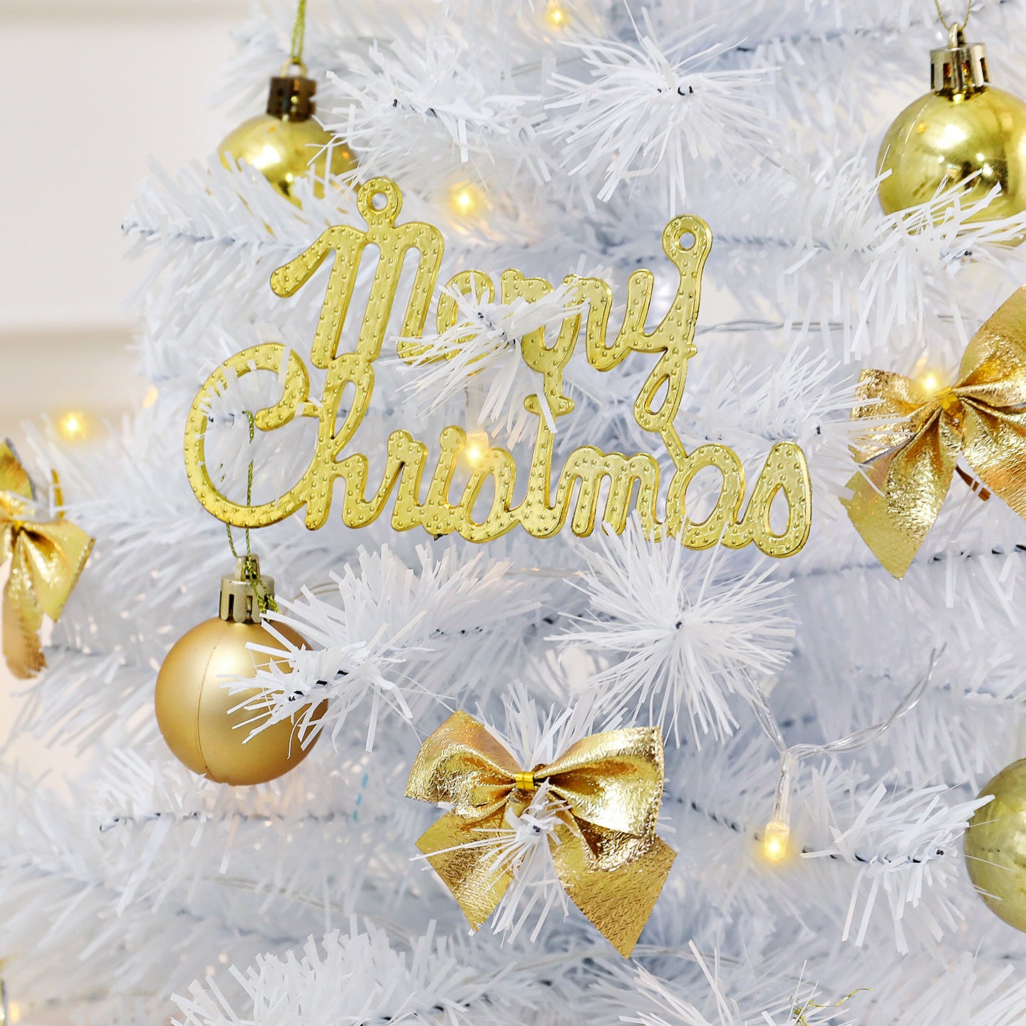 Mini White Christmas Tree with Gold Beads | 45cm/60cm Light-Up Tabletop Decor | Xmas Festive Ornament for Home Desktop