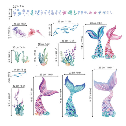 Mermaid Tail Wall Stickers Under The Sea Mermaid Bubble Seaweed Peel and Stick Wall Art Decals for Baby Nursery Girls Bedroom Bathroom
