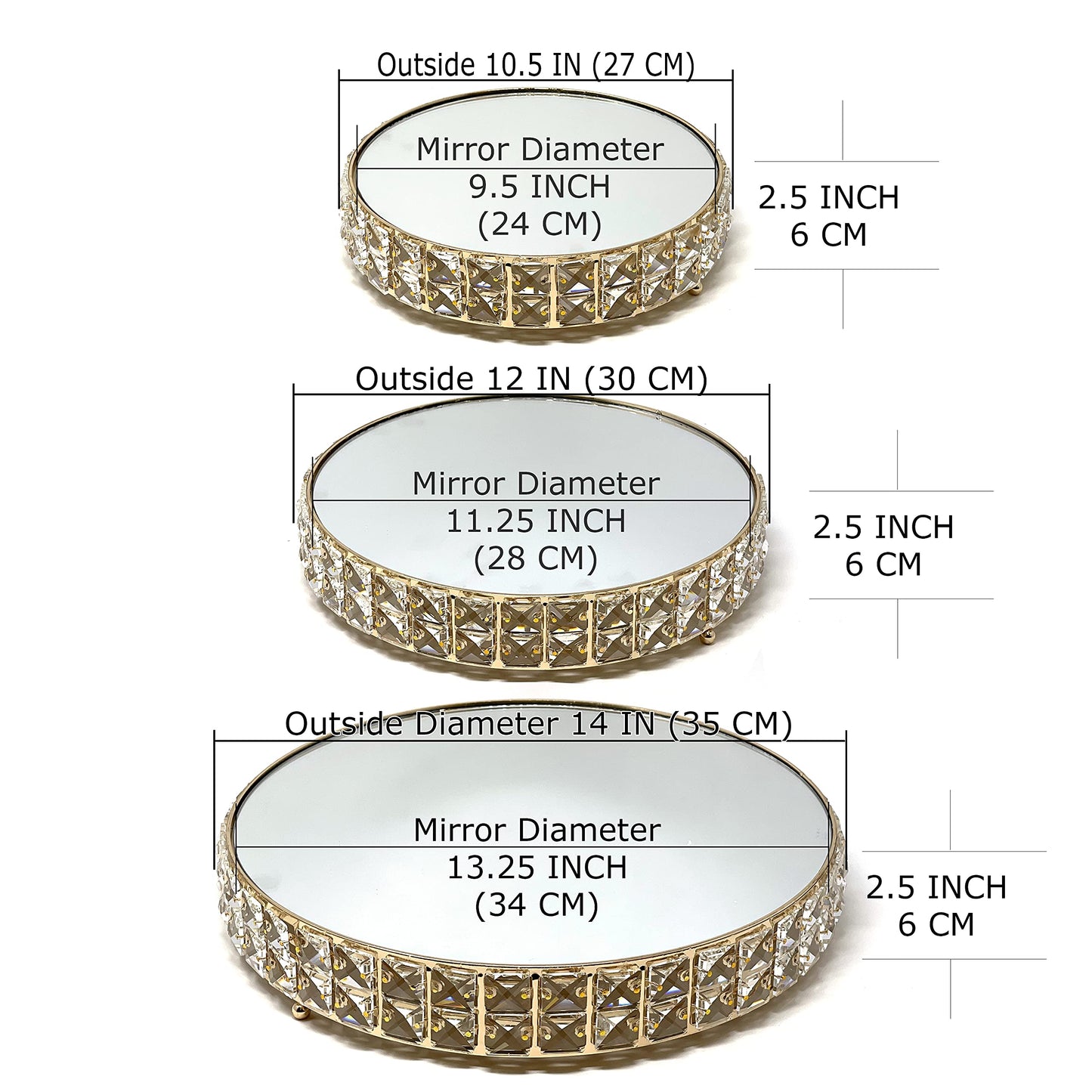 Cake Stands 3-Piece Set Crystal Gold Plated Cheese Dessert Cupcake Cake Stand with Mirror Plate-Gold Round