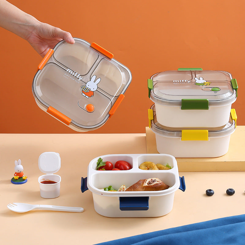 Official Miffy Lunch Box Set - 4-Compartment Microwave Safe Bento for Adults/Students (BPA-Free Plastic + Cutlery)