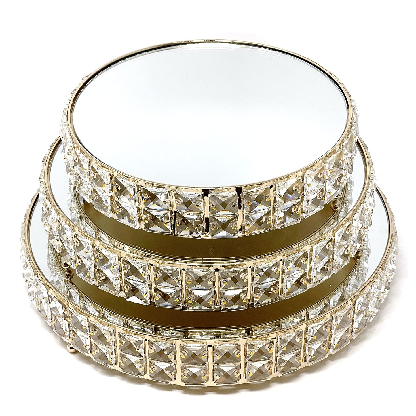 Cake Stands 3-Piece Set Crystal Gold Plated Cheese Dessert Cupcake Cake Stand with Mirror Plate-Gold Round