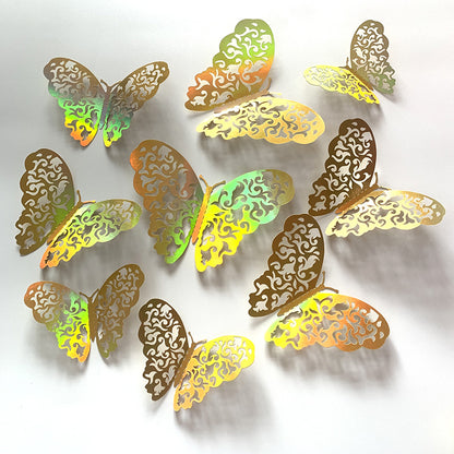 Gold 3D Hollow-Out Butterfly Wall Stickers - Elegant Metallic Decals for Weddings & Festivals (Luxury Background Wall Decor, Self-Adhesive Party Decoration)