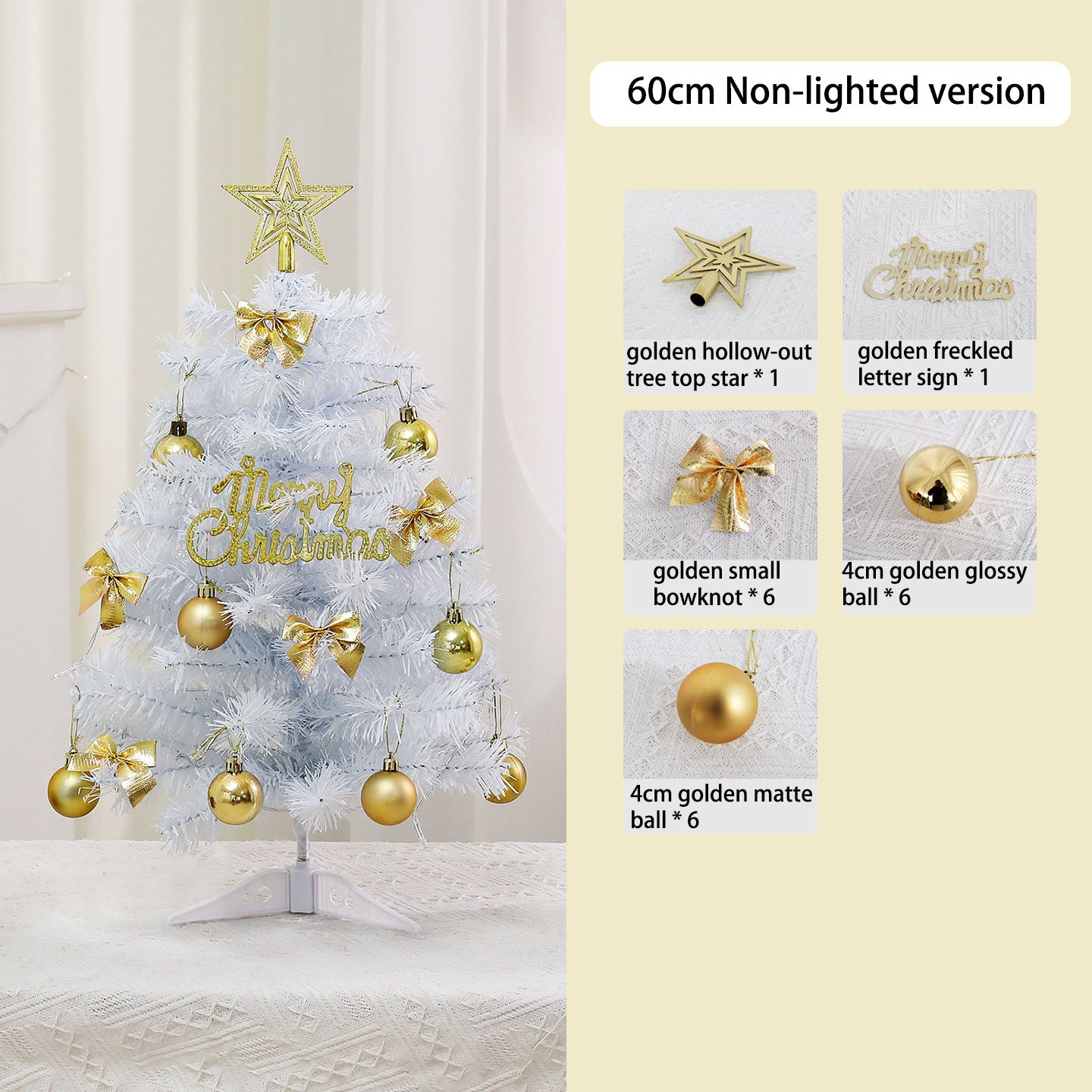 Mini White Christmas Tree with Gold Beads | 45cm/60cm Light-Up Tabletop Decor | Xmas Festive Ornament for Home Desktop
