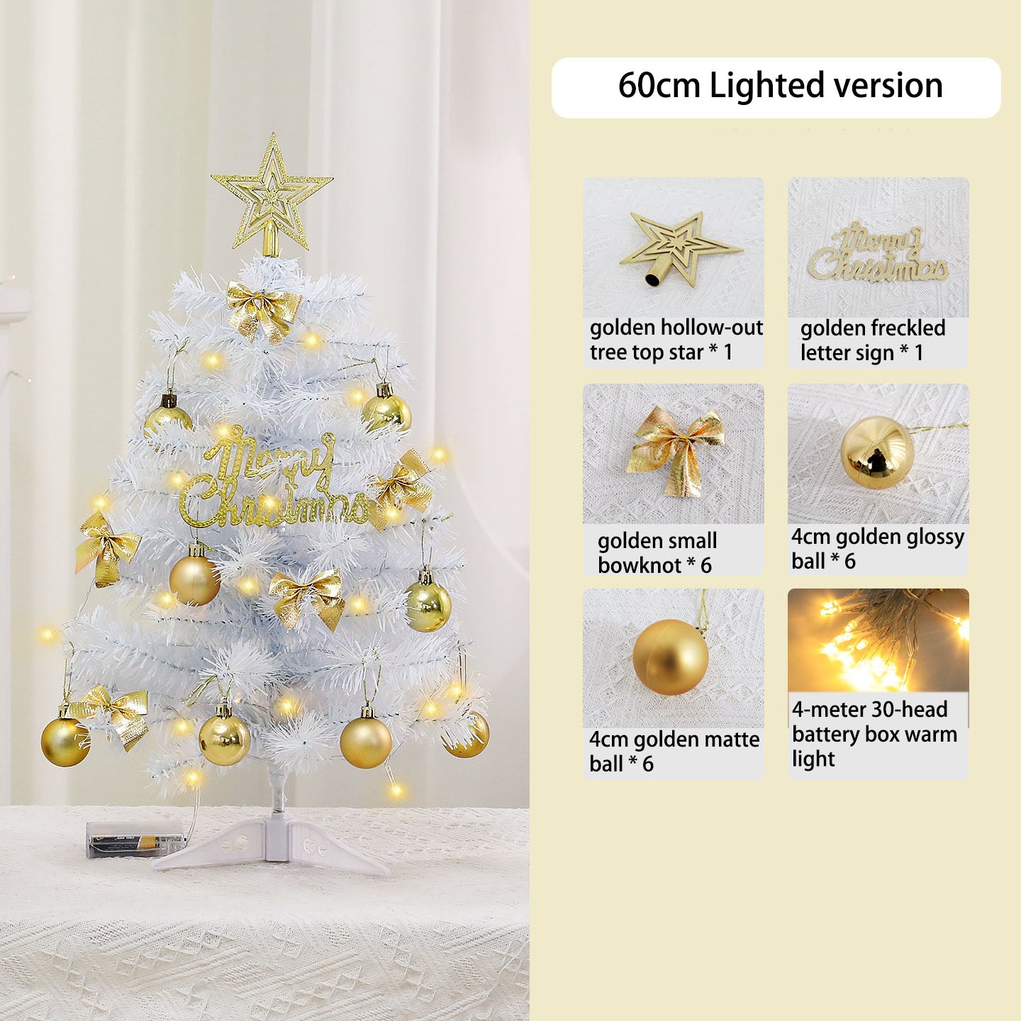 Mini White Christmas Tree with Gold Beads | 45cm/60cm Light-Up Tabletop Decor | Xmas Festive Ornament for Home Desktop