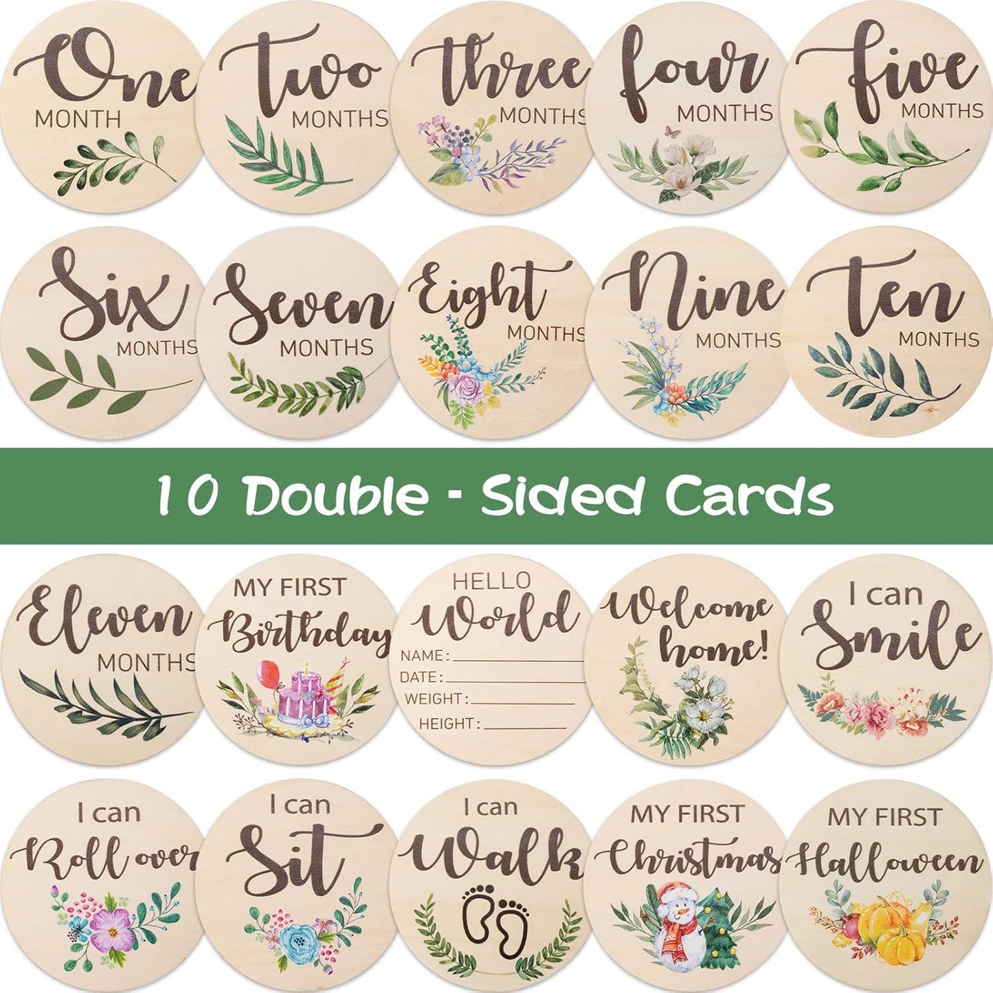Baby Milestone Discs Set - Wooden Photo Props with Reversible Cursive Script, Gender Neutral Newborn Gift for Monthly Announcements, 1st Birthday, Boy & Girl