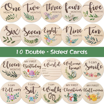 Baby Milestone Discs Set - Wooden Photo Props with Reversible Cursive Script, Gender Neutral Newborn Gift for Monthly Announcements, 1st Birthday, Boy & Girl
